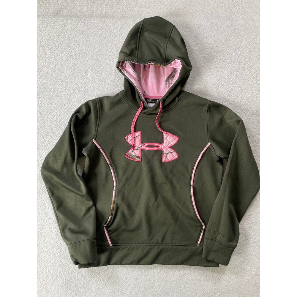 Under Armour Women Medium Hoodie Green‎ Pink RealTree Camo Storm Fleece Logo